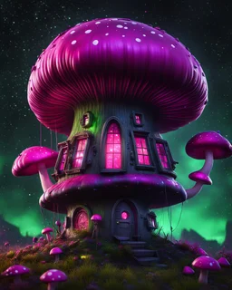An illogical floating mushroom house on a clear moonless night. . Bright Bold Bright Colors, green pink white, Starry Dark cosmic interstellar. Detailed Matte Painting, deep color, fantastical, intricate detail, splash screen, hyperdetailed, insane depth, concept art, 8k resolution, trending on Artstation, Unreal Engine 5, color depth, backlit, splash art, dramatic, High Quality Whimsical Fun Imaginative Bubbly, perfect composition