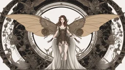 full length, steampunk delicate metal woman, moth, wings, black background