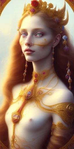 ultradetailed beautiful portrait painting of love Aphordite with long flowing red hair and sharp piercing gaze of blue eyes, smiling lip, sweet smile, alluring beauty, wearing jade jewels, roses, ultra ornate, gold leaf deatils, wearing white dress, by conrad roset, greg rutkowski and artgerm, trending on artstation