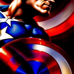 portrait oil on canvas, Captain America ,comic book cover, mystical colors,insanely detailed,realistic,intrincate detail, 16k resolution, masterpiece,Frank Frazetta,Alex Horley, Simon Bisley