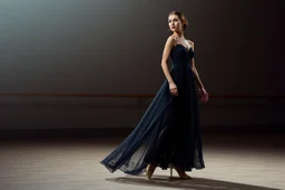 Full-body fashion editorial photograph of an elegant and beautiful woman. She is wearing a sophisticated, delicate dark cyan lace evening gown with modest coverage and matching high heels. Captured in a high-end luxury ballet stage setting with soft, dramatic studio lighting that highlights the texture of the lace. Graceful posture, professional model pose, realistic skin textures, cinematic atmosphere, haute couture style in a luxury stage.