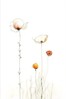 Minimalist ink pencil and charcoal drawing of poppies