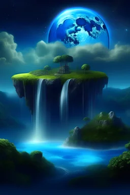 magic a flying island, a waterfall erases it to the ground, soars in the clouds, the moon is visible in the sky, high detail, complex texture, many details, fine drawing, clarity, layering, frame depth, volume of shadows, saturated color, detailed drawing, hyperdetalization, high quality, professional photo, bright colors, backlight, high resolution, 64k,