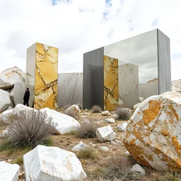 Un'immagine di un paesaggio naturale con marmi bianchi e giallo scuro, imponenti, accanto a strutture artificiali. Queste strutture sono blocchi rettangolari riflettenti, che creano un contrasto tra il naturale e l'artificiale. Elementi brutalisti si ergono altissimi. Persona osserva. La scena trasmette un senso di sospensione e dialogo tra elementi organici. Dettagli degli specchi e delle rocce molto accentuati.