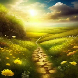 Fantasy style image. The image is intended to express that an easy path does not lead to success, but the path that requires effort and overcoming obstacles deserves a reward. A country with two roads. Route 1 very beautiful, full of sunshine and flowers in the field. However, there is no reward waiting at the end of Path 1. Road 2 full of pitfalls and obstacles, a storm in the sky, but a reward awaits at the end of the road.