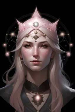 Generate a dungeons and dragons character portrait of the face of a female aasimar. She is a circle of the Stars Druid. Her hair is off-white pink and voluminous. Her skin is very pale. Her eye color is a dark black. She wears celestial circlet of five-pointed-stars. Show her in her starry form.