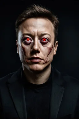 Portrait of Elon musk, scary cyborg face, one red eye