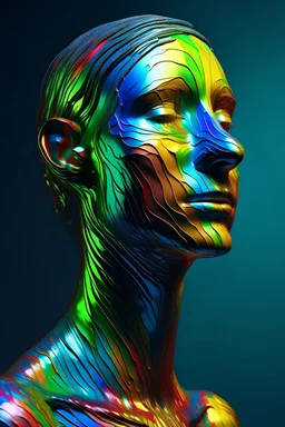 Shimmering metallic skin that transitions through a spectrum of vibrant colors glitchy rainbow