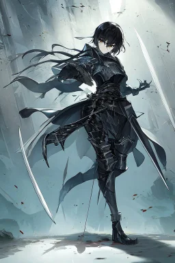 Anime girl with short black hair and sharp green eyes, holding a pike, full body black and white metal plate armour, full body shot, Dramatic lighting,1woman, soaked in blood, Warrior, standing pose, sword at the waist, close shot, lean body,