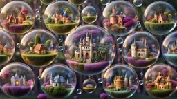 A stunning 3D render of miniature worlds, captured in floating transparent bubbles. Each bubble showcases a unique scene, such as quaint villages, mystic, gardens, tropical island, enchanting castles, alien palnet, or whimsical fairy-tale landscapes. The miniature towns with featuring quaint houses, markets, and charming residents. In the gardens colorful delicate flowers and lush greenery. The castles are majestic and grand, with towers, big gates. Unusual and captivating plants coexist with ma