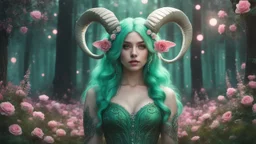 magical ram human hybrid creature with horns wild green colored hair in pastel colored rose forest, trees, flowers, fairy lights, night, 8k, high quality, trending art, trending on artstation, sharp focus, studio photo, intricate details, highly detailed, by greg rutkowski