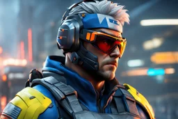 Soldier 76 in 8k realistic cgi drawing style, call of duty them, close picture, rain, neon, intricate details, highly detailed, high details, detailed portrait, masterpiece,ultra detailed, ultra quality