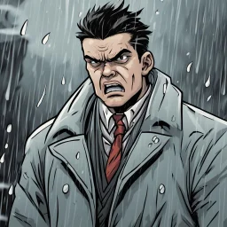 a closeup of an angry young man in a heavy coat during a rainstorm cartoon