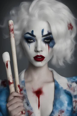 Cruella DeVille, Mugshot, facial, closeup, blue, large, dead woman, blonde, floral designs, atmospheric, beautiful, China Doll, Vampiric, horrifying, blood dripping, brain matter, severed arms and legs, Negan, Baseball bat, barbed wire, a sack, 3 table spoons of salt, Boiling water,