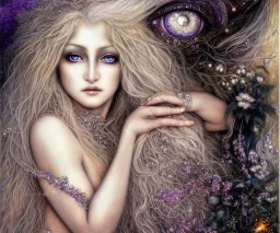 Portrait of a sensual Goddess: Black eyes like diamonds sparkling. Long Blonde hair. Incredibly detailed 8K resolution HDR photograph of a hyper detailed photorealistic storybook laying open with weathered riffled pages meticulously illustrated by Brian Froud and Josephine Wall, album cover art, imagination, upscaled, sharp focus, space"