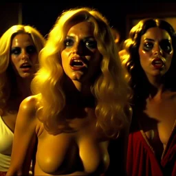 Horror movie shot, spooky, hot, ultra realistic, black eyes, ultra realistic hot blonde women, party, pieces of meat, organs, ail, dynamic, very excited people, hypermaximalist figures, light, 1970's Italian horror movie, sinister,, Dario Argento, Stanley Kubrik, ornate, 4k, photorealism