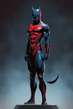 Catman, comic style artwork, dark black, red and blue, calm, full body