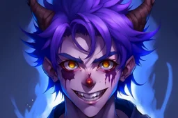 Young anime man with demon horns, fangs, messy purple hair and blue eyes