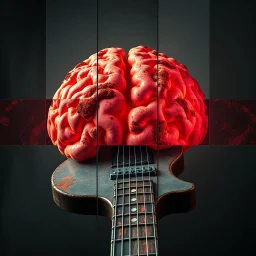 digital photography, image meanders across several separated hovering panels, gnarly, faded neon colors, rusty etched industrial oxidized mold on a long liminal iron guitar brain, foreboding, gritty