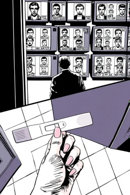 uncolored comic book page: top panel(higher over the shoulder camera perspective of a man on his way out the door walks past a display of televisions on which a bulletin of wanted criminals mugshots appears), bottom panel(pov a woman's hand with acrylic nails holding a pregnancy test that shows a positive result, tile floor below), panels divided at a 30 degree angle