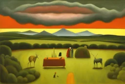 a surreal landscape with dramatic storm clouds by artist "Mark Rothko",by artist "Leonora Carrington",by artist "David Inshaw"