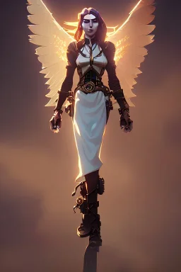 steampunk angel, pale, clouds, golden glow, majestic, heroic