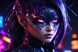 madam web in 8k solo leveling shadow artstyle, spider costum, eyes cover, dynamic pose, oshare kei, hurufiyya, rtx , neon lights, intricate details, highly detailed, high details, detailed portrait, masterpiece,ultra detailed, ultra quality