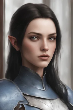 beautiful pale female, half elf, black silky straight shoulder length hair, blue leather armor with white frills, shoulder to waist belt, brown travelling boots, standing near window, plant on pot, brown dark eyes, realism, realistic, photorealistic