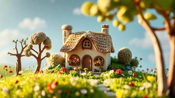 A whimsical clay miniature diorama of a sun-drenched countryside scene featuring cozy little cottages with a thatched roof and flower-filled window boxes, butterfies. Surrounded by textured trees, blooming flowers, and playful ladybirds, the cottage sits nestled in a vibrant meadow. Warm golden sunlight casts soft shadows, while a pastel clay sky completes the enchanting, handcrafted storybook atmosphere, hyper realistic, sunlight shining