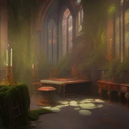 fantasy concept art, dynamic lighting, Intricately detailed, Splash screen art, deep color, Unreal Engine, volumetric lighting, fantasy library artwork, black leather, black marble, Fantasy library artwork, white candles, white silk, vines, moss, stained glass windows,