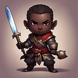 Abnab is a male redguard swordsman with dark skin who plunders tombs for enchantments and treasures, in chibi art style