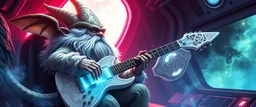 fluffy as hell illithid high priest gremlin guitar acoustic banger, instrumental, celtic, georgian, gypsy jazz, back on track portrait of space captain gnome lich, , priest psycho, in cockpit, celtic knot hollow tube transparent core ornate indented space ship, shiny bright mega ship flourescent white blue like bubble gum with a few big windows and decks, interdimensional twister, rock against colored spaced fog, space interior. split tail, winged serpent, glowing aura