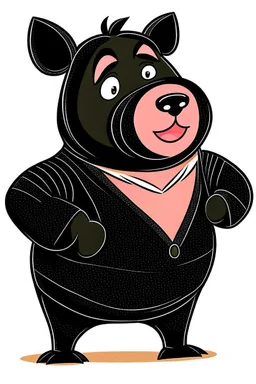 Pig in a black bear costume, in the style of early Hanna-Barbera