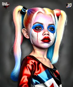 Harley quinn toddler, full body, soft skin, dramatic lighting, hyper realistic