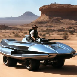 the ugly pistoleros [Il buono, il brutto, il cattivo by Sergio Leone], he drives the 'Jumping JACK' NG-R33 Viper Ride Turbo Hovercycle with no wheels on the outskirts of Palladium's RIFTS Earth.