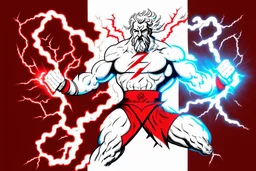 A detailed illustration of Zeus holding two lightnings in front of himself. One lightning is red and the other one is white. He is moving them together and there are flashes of lightning exploding from his powerfull move. The lightning is in the shape of half the letter Z. The red half is the top half, the white half is the bottom half. Zeus is wearing a red cape, has powerfull facial expresion, has white beard and long white hair with a gold Zeuz, greek, like crown. Lightning in the back.