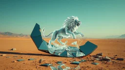 an exploding, vibrating, transparent glass lion leaps out of a huge, broken, damaged mirror in the middle of the desert, reflections