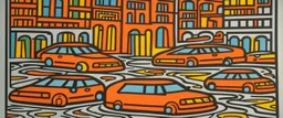 A salmon orange colored city with racecars painted by Keith Haring