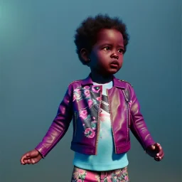 Zaire beetz toddler, full body, leather jacket, floral shirt, floral skirt, Nike sneaker, soft skin, city background, dramatic lighting, hyper realistic