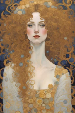 Gustav Klimt painted his new famous artwork of mystic elegant pale beautiful woman, with wavy hair, large-breasted, the background has Klimt style patterns and gold ornamentals in art deco style, evoking a sense of nostalgia of old times. The painting radiates with exceptional clarity and precision, showcasing the meticulous craftsmanship that went into its creation.