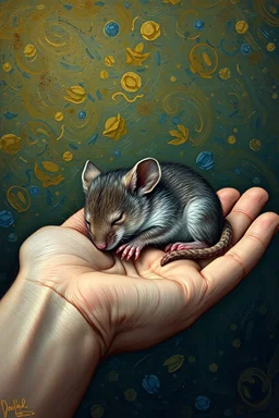Van Gogh painting style of a mouse peacefully sleeping in a open hand , The mouse’s fur harmonizes with the scene, that blend with the warmth of the hands , contrasting with natural hands skin