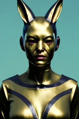 Medium Close Up Portrait, Front image. cyberpunk, rabbit mask, asian woman, metallic hair. Latex suit army. white, yellow, color. Wolverine style. Color background, photo studio. Avatar image, highly detailed, concept art, smooth, unreal engine 5, ray tracing, RTX, lumen lighting, ultra detail, volumetric lighting, 3d, finely drawn, high definition, high resolution.