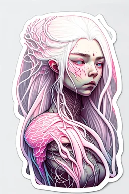 a sticker of a woman with a long white hair and a veins connected to hair and head, dan mumford and alex grey style, trending on artstaion, pink skin, portrait of anime woman, inspired by Karol Bak, porcelain looking skin, connectedness, twitter pfp, yosuke ueno, blonde girl, anatomically perfect, biopunk armor