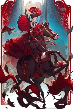 Ragazza vestita in stile Lolita rosso che cavalca un cavallo del Carosello, disegnata in stile Persona 5