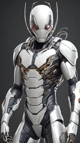 A realistic white Ant-man in a titanium cybernetic suit, detalhado, designe perfeito, alta qualidade arestas perfeitas e simetricas ::n_desenho de estilo, Low-quality imperfection, boneco, game, anime