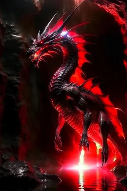 Gargantuan Red dragon with glowing red eyes in dark waterfall