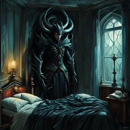 Full length portrait of a chilling shadow demon sneaking into a beautiful woman's bedroom to steal her soul (perfect face, perfect eyes). The beautiful woman is asleep in her bed. Integrate Hitchcockian suspense, Giger's nightmarish tones, and employ low-key lighting for spine-tingling eeriness by Peter Mohrbacher