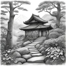 [the birdhouse] A photo of my traditional, monochromatic nature pencil drawing inspired by Japanese woodblock prints, featuring intricate carvings of trees and foliage, evoking a sense of calm and nostalgia. A rocky, natural stone pathway leads up to the birdhouse, inviting visitors to step into a world of serenity and beauty.