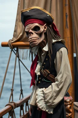 ,make a ugly human but very realistic. Make it wearing a pirate dress standing by the ship stern