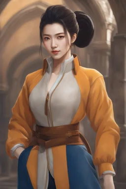 front view, beautiful female, asian, pale skin, dark hair, front shark spike hair, back high bun hairstyle, detailed dark eyes, yellow jacket, orange blouse, wearing backpack, baggy blue pants, hinge smiling, fantasy setting, medieval, year 1800, 8k, high detail, intricate, cinematic background, facing viewer